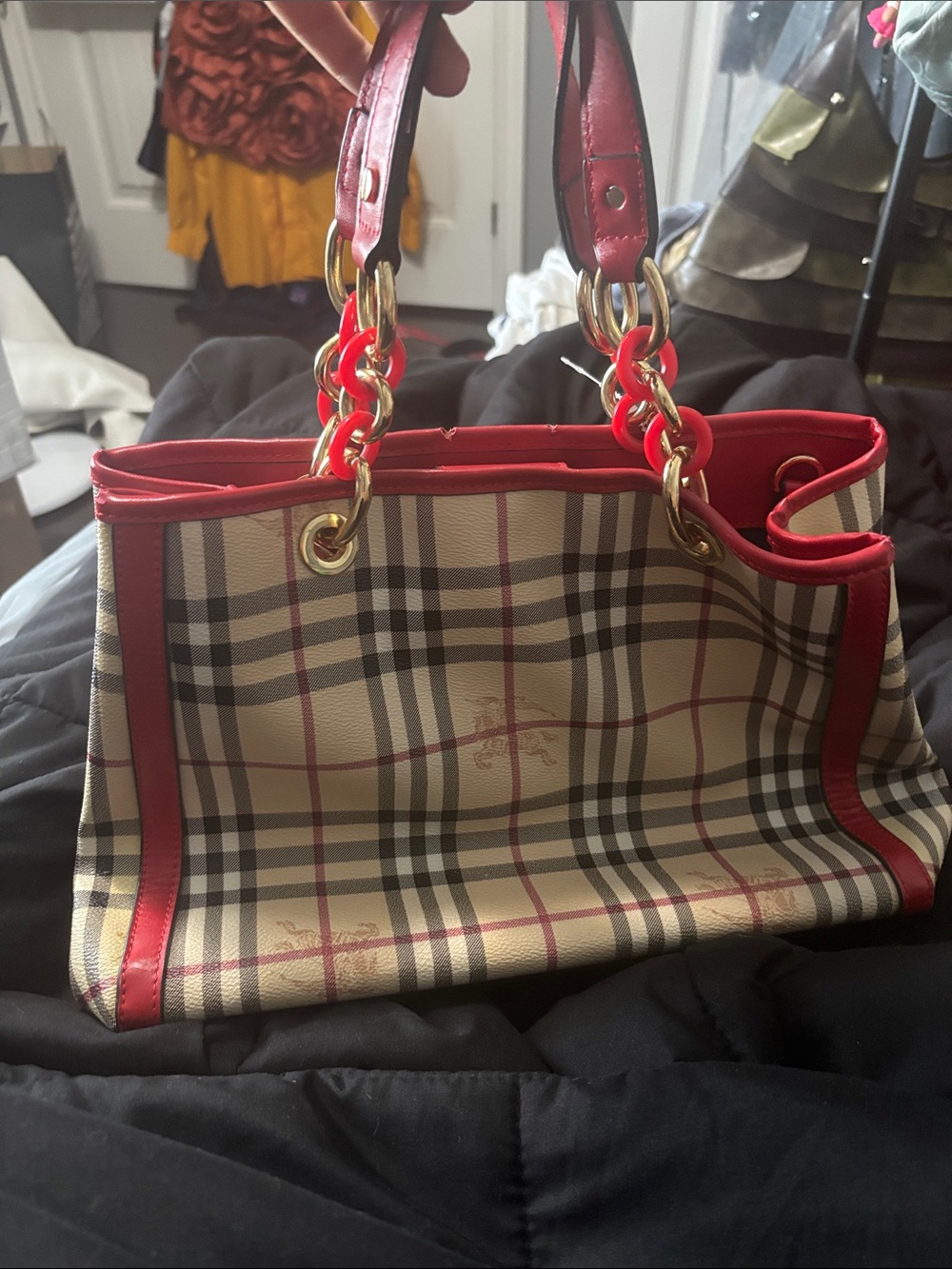 Burberry Plaid Tote Bag with Red Trim - Designer Style